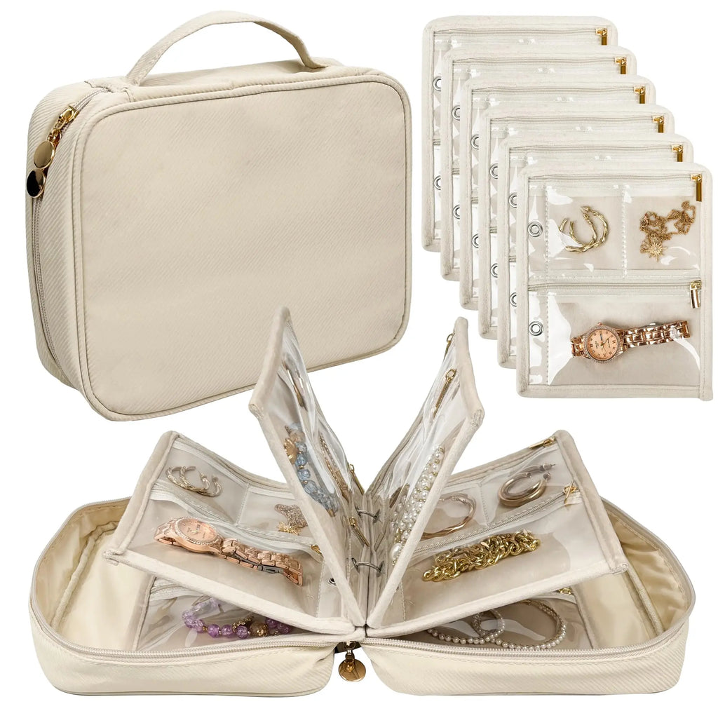 Velvet jewelry binder closed and open with six removable zip pages fanned out