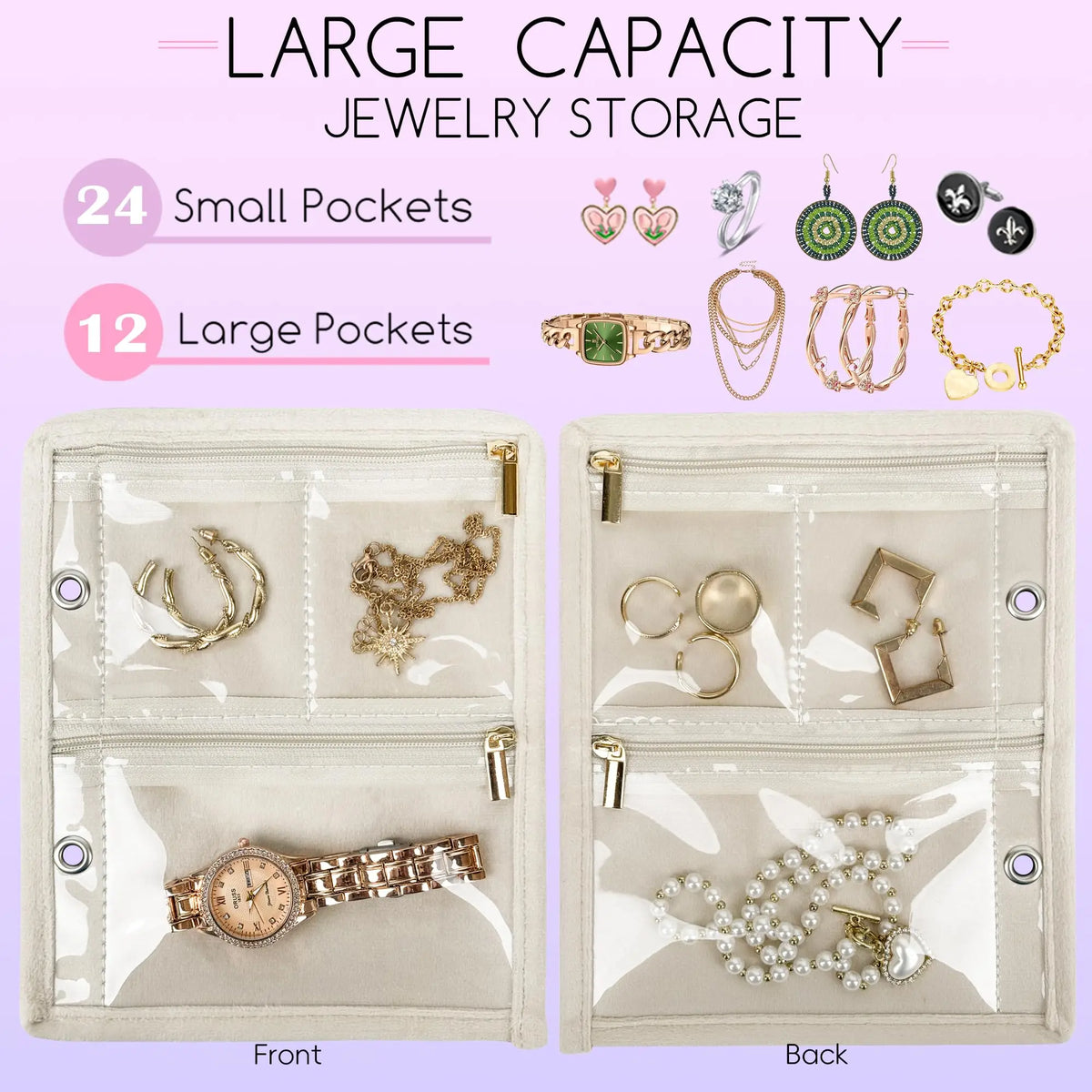 36 pockets total - 24 small and 12 large zip pockets, front and back of each page