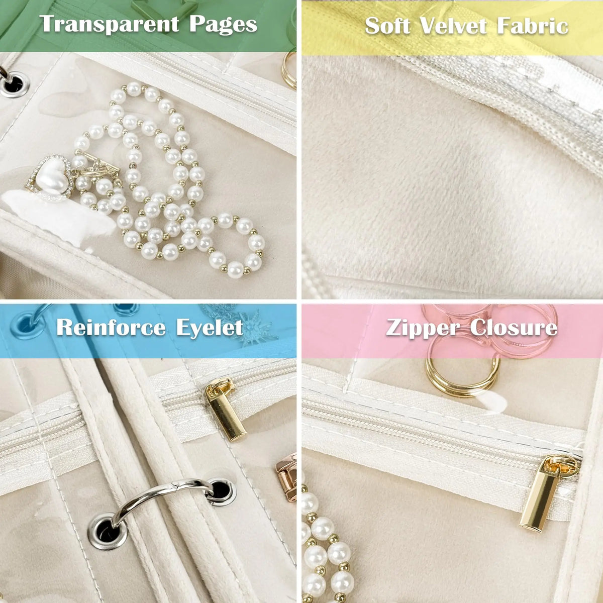 Close-ups of the transparent pages, soft velvet lining, reinforced eyelets and zip closure